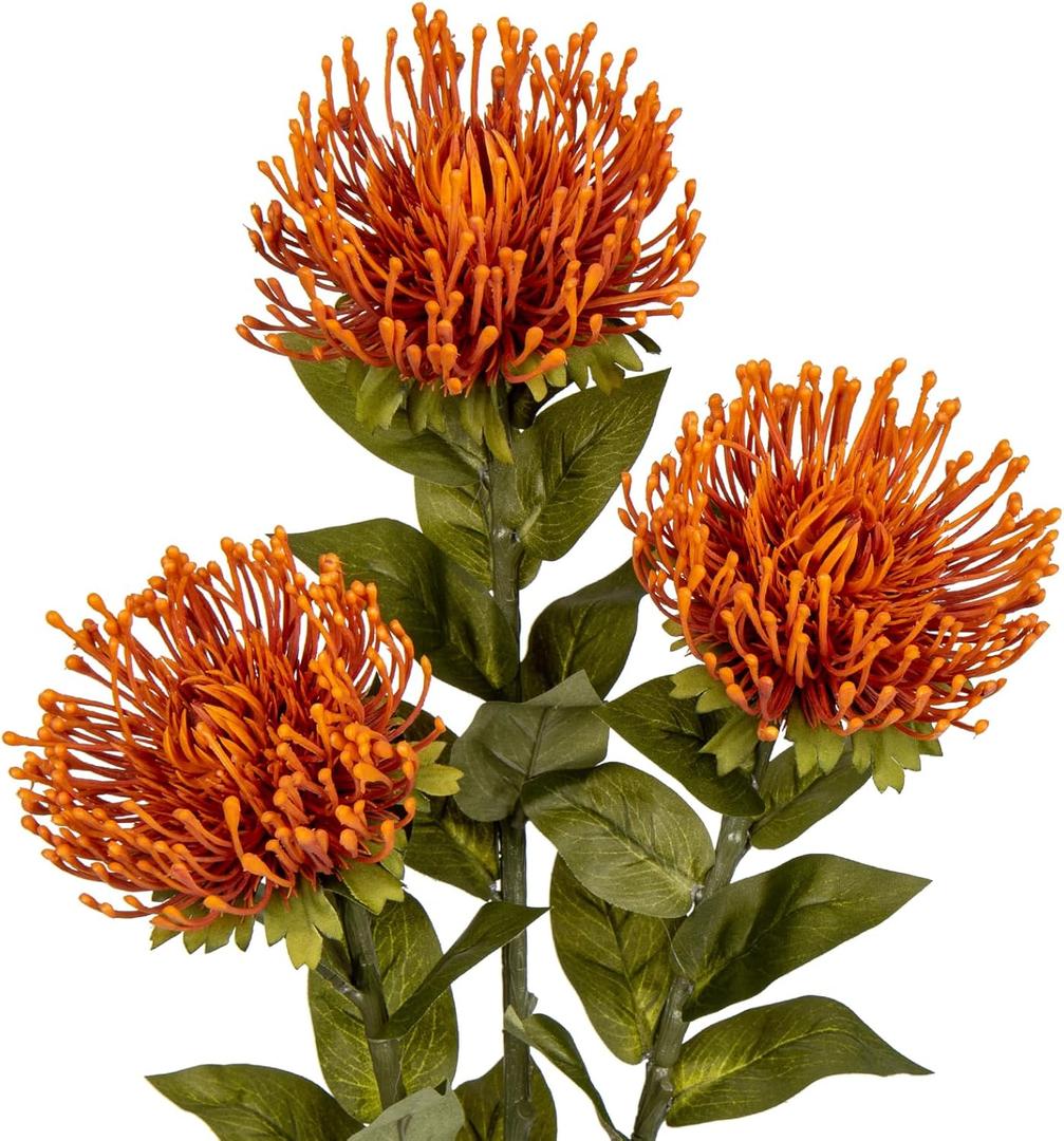 3Pcs Orange Artificial Fall Flowers Spider Mum Flower 28.3'' Long Stem Fake Chrysanthemum Flowers Leucospermum Cordifolium Arrangement Autumn Faux Pincushion Flowers for Office Bouquet Home Decor