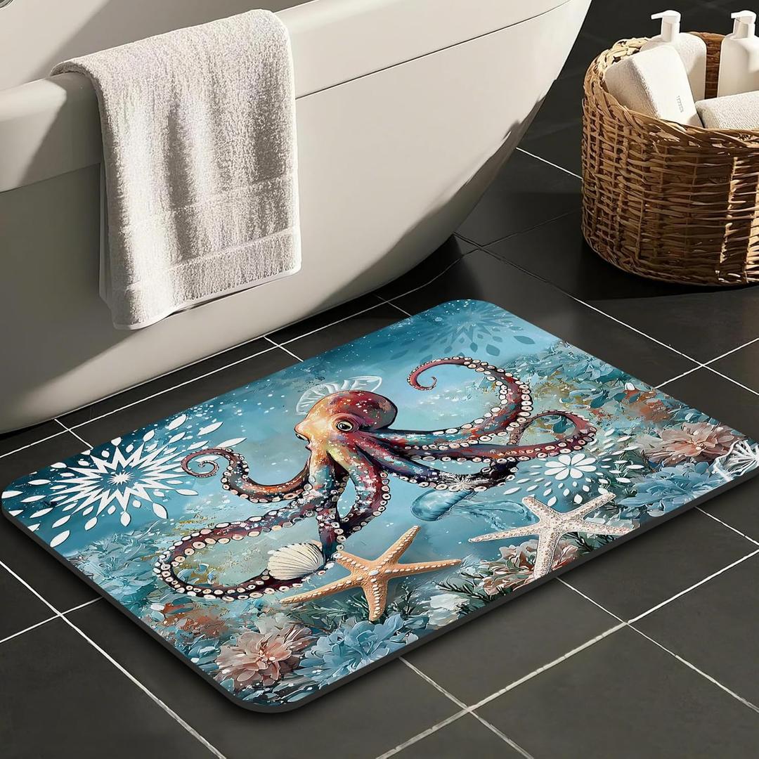 Octopus Nautical Starfish Bathroom Rugs Mat Non Slip Super Absorbent Stain Resistant Quick Dry Thin Beach Bathroom Rug-Bath Mats for Bathroom Floor Bathtub,30"x20"