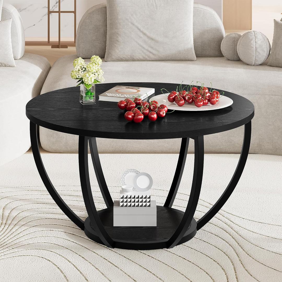HOMERECOMMEND Round Coffee Table, Wooden 2-Tier Circle Coffee Tables with Storage Shelves, Accent Center Table for Living Room, Sofa Table for Home Office, Black