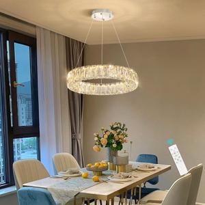 Modern Crystal Chandelier Dimmable LED 16 Inch Ring Pendant Lights Adjustable Glam Chandeliers Lighting Fixtures for Dining Room Living Room Bedroom Silver Light
