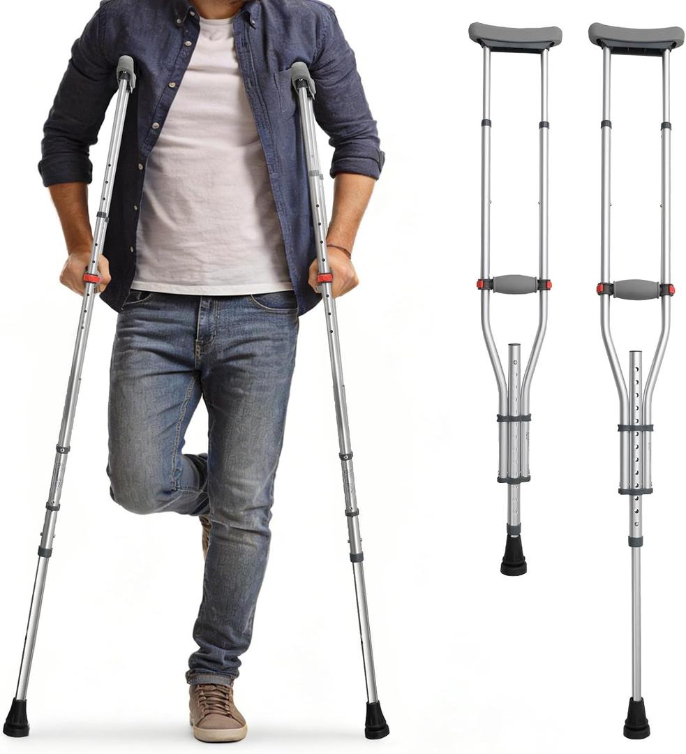 Aluminum Alloy Crutches for Adults, Pair of Height Adjustable Crutch (Fits 4'7" - 6'7"), Universal & Lightweight Crutches for Kids, Includes Padded Underarm Cushions, Rubber Tips, 300 lbs Capacity