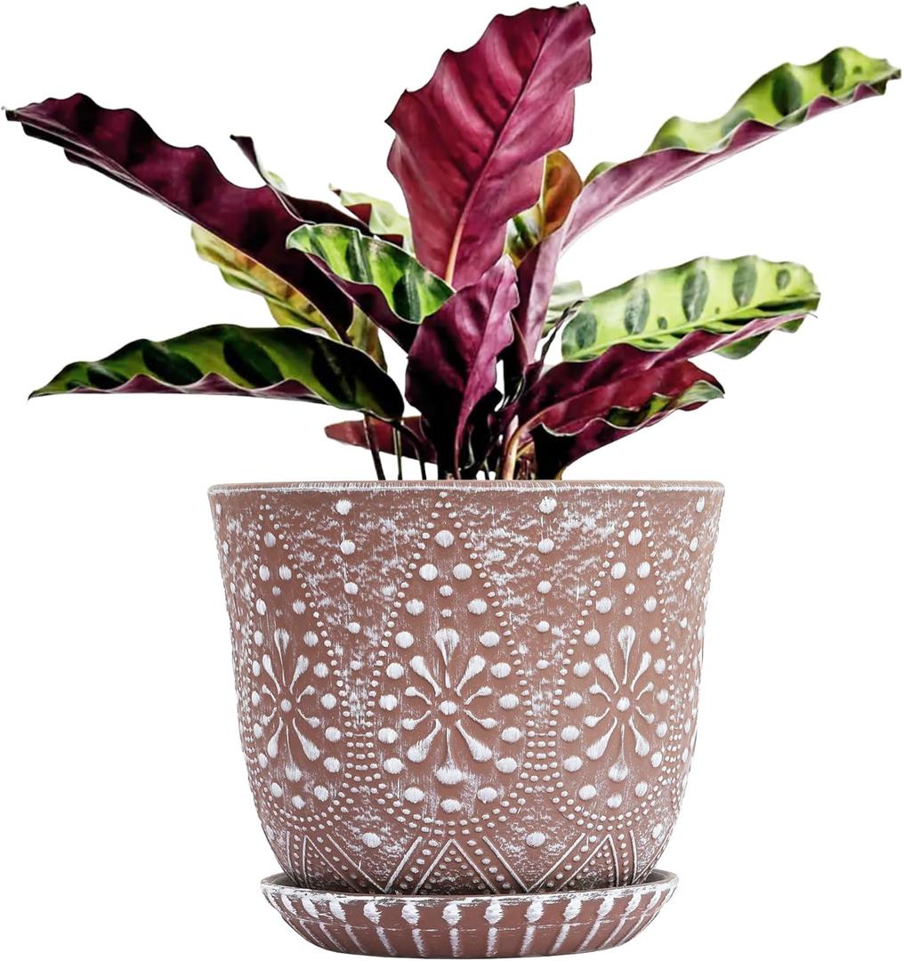Gepege 10 Inch Plant Pot, Ceramic Planter with Drainage Holes and Saucers for Plants Indoor and Outdoor Flower Pot (10inch, Clay+white)