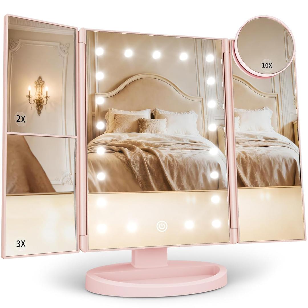 HUONUL Makeup Mirror, Vanity Mirror with Lights, 2X/3X/10X Magnification, Touch Control, Trifold Mirror, Dual Power Supply, Valentines Day Gifts for Her,Gifts for Women, Wife, Mom, Teengirls (Pink)