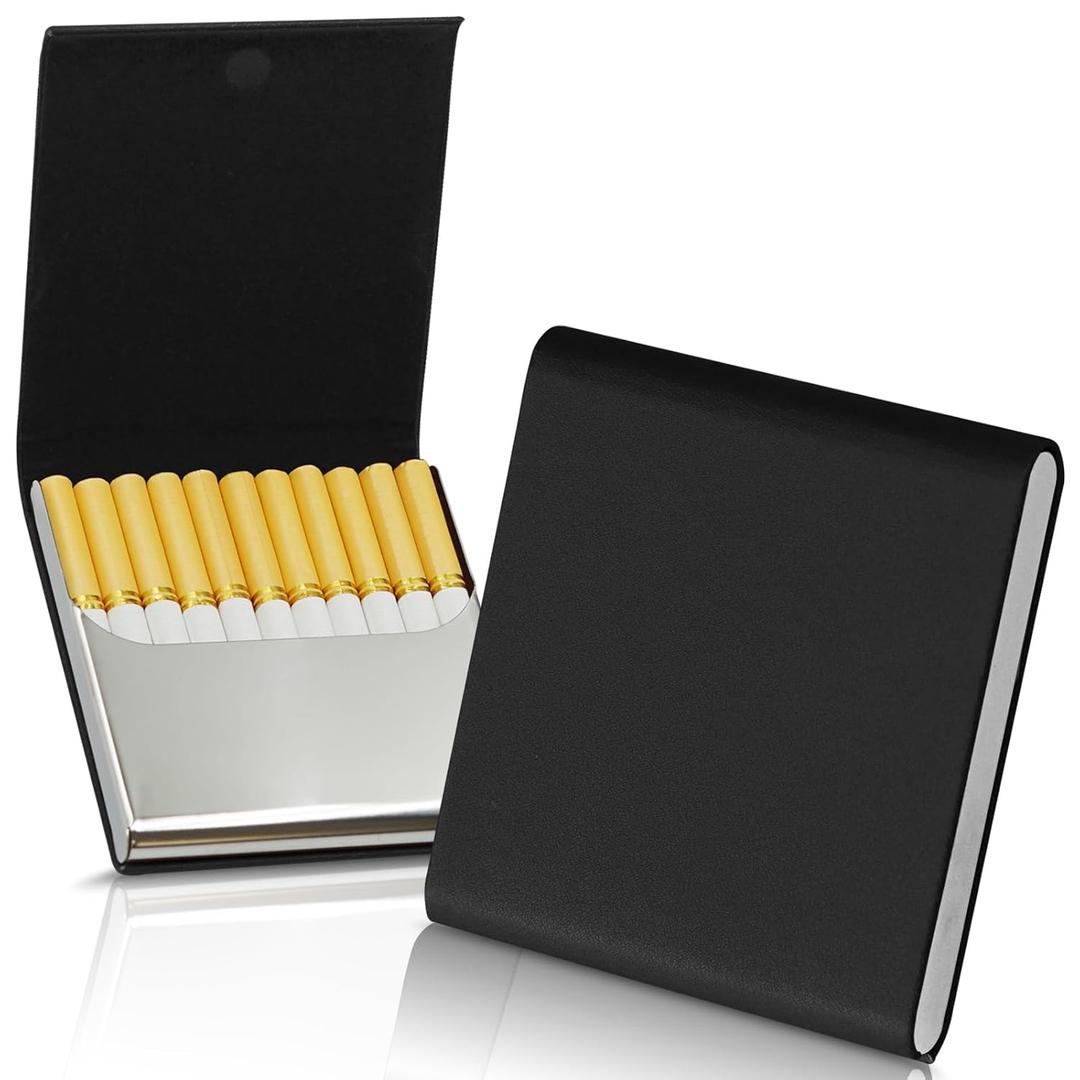 Portable Slim Leather Cigarette Case for Hold 10 Regular Size - One-Hand Operate Leather Stainless Steel Cigarette Case Box for Men and Women, Black