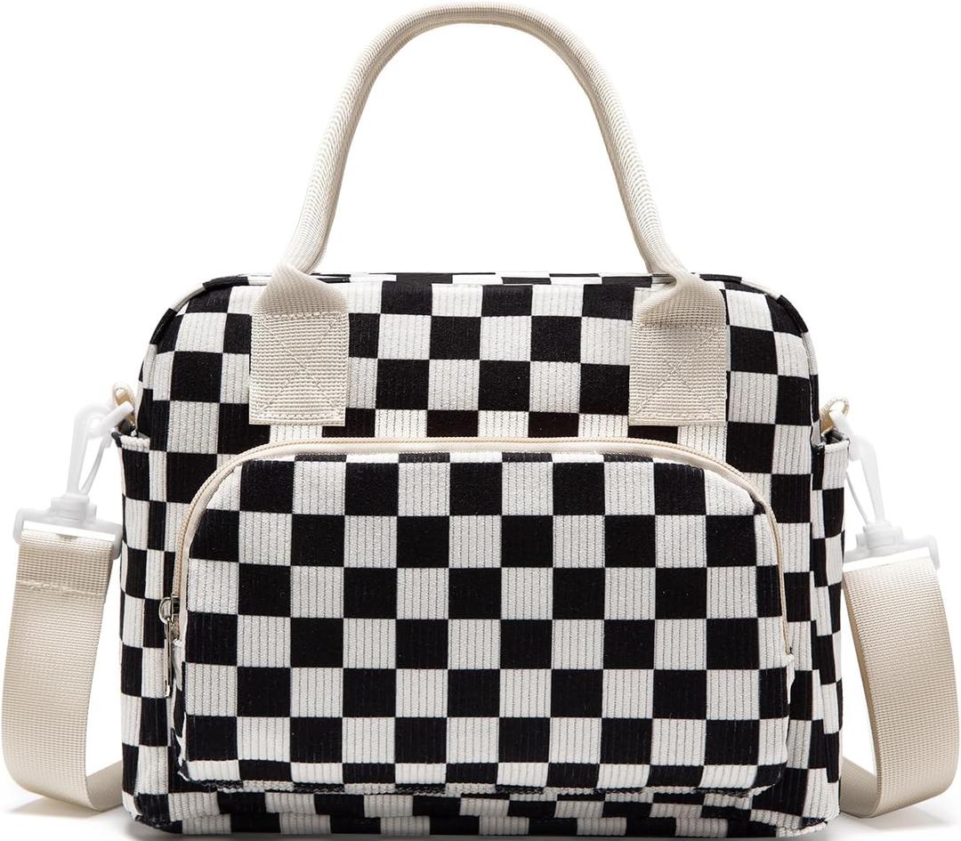 Lunch Bag Women Lunch Box for Women Adult Cute Insulated Lunch Bag Lager Cooler Lunch Tote Bags for Work Picnic (Black-White Plaid)