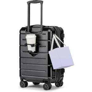 KYME Carry On Luggage 22x14x9 Airline Approved Expandable with Cup Holder 20 Inch Hardshell Carry-On Suitcase with Spinner Wheels TSA Lock Small Lightweight Travel Rolling Luggage Black