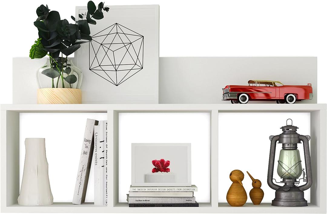 Danya B. Modern 3 Cube Floating Wall Shelf with Display Ledge - Easy to Hang Wall Mounted Triple Cubby Shelf (White)