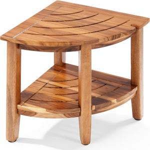 18" Teak Corner Shower Stool, 2-Tier Teak Shower Bench with Storage Shelf, Adjustable Non-Slip Feet, Natural