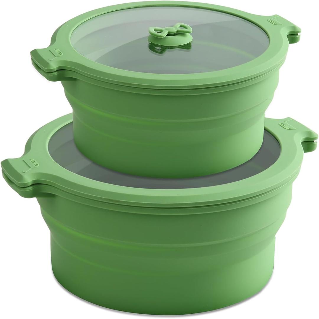 Collapsible Silicone Microwave Cookware Cooker Steamer for Cooking with Lids, 0.8L and 1.4L Glass Food Storage Container Sealed Bowl Mixing Bowls 2pc Set BPA Free (Green)