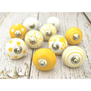 12 x Cabinet Knobs and Pulls - Indian Vintage Pottery Ceramic Kitchen Cupboard Drawer Handle Interior Decor Furniture Hardware (Yellow and White, Pack of 12)