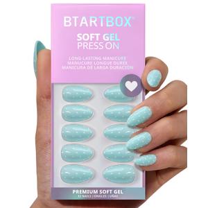 BTArtbox Press On Nails Short - Dotted Overalls, Easy-to-Apply Polka Dot Pastel Blue Almond Press On Nails with Glue and Adhesive Tabs in 16 Sizes - 32 Nails All-in-One Kit