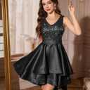 Meetjen Women's Short Prom Dresses for Teens Formal Sequin High Low Satin Bridesmaid Cocktail Party Homecoming Dress (Black, L)