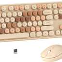 Colorful Wireless Computer Keyboard and Mouse Combo with Round Typewriter Keycaps, Retro Design, Power Switch, Ergonomic Design, 2.4GHz Wireless for Windows, Mac, PC(Milk-Tea Colorful)