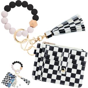 KNGITRYI Wallet Keychain Wristlet for Women,Slim RFID Credit Card Holder Purse Tassel Keychain Bangle Key Ring for Men Women (checkered)