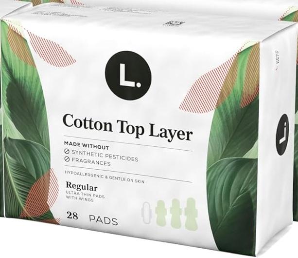 L. Ultra Thin Pads for Women, Regular Absorbency, Organic Cotton Top Layer, Unscented Pads with Wings, 28 Count