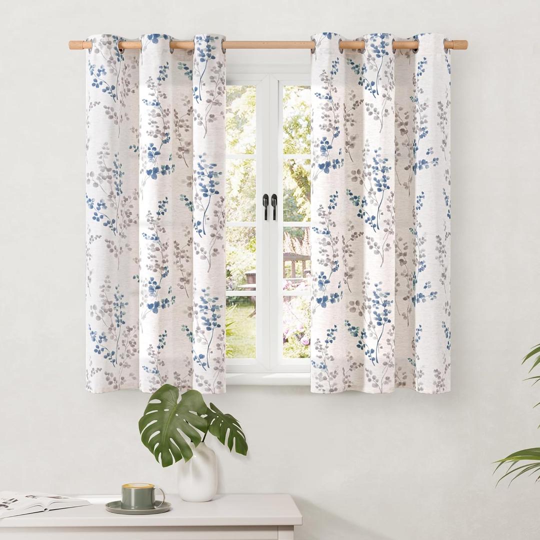 BGment Short Linen Curtains for Small Window 45 Inch Length 2 Panels, Boho Light Filtering Privacy Curtains for Farmhouse Bedroom Basement Bathroom, Cottage Leaf Design, Each 42 Inch Wide, Navy