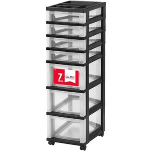 IRIS USA Plastic Drawer Storage Organizer Rolling Cart, with Wheels Casters, 7-Drawers, for Classroom Art Craft Supplies Dresser Closet Bathroom Laundry Room, Black/Clear, 14.25"D x 12.05"W x 41.69"H