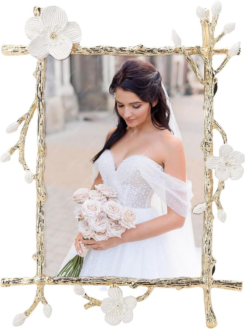 Gold 5x7 Picture Frame Decor Ornate White Floral Photo Frames with High Definition Glass Front, Art Decor Tabletop Display, Gifts Ideas for Women, Horizontally & Vertically