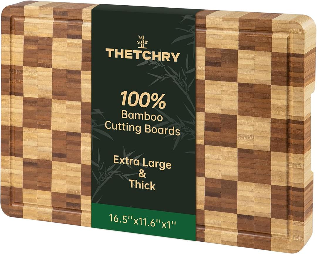 Bamboo Cutting Boards for Kitchen, End Grain Wood Cutting Board with Juice Grooves & Handles, Charcuterie Checkered Chopping Board Thick Butcher Block Serving Tray with Gift Box, 16.5"11.6" 1"