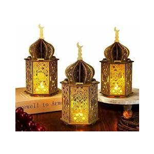 Kittmip Set of 3 Ramadan Lanterns Eid Decorations 14" 13" 11" LED Large Candle Gold Lantern Metal Moroccan Lanterns with Lights Ramadan Decor for Table, Wall, Patio, Porch, Indoor Outdoor