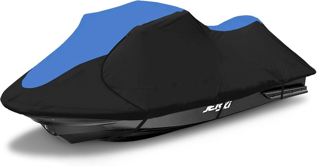 600D Jet Ski Cover - Trailerable Seadoo Cover, Waterproof Jetski Cover, PWC Cover Fits Seadoo, Yamaha, Kawasaki, Jet Ski Watercraft Cover Fits from 103"-115" (1 or 2 Seater), Blue & Black
