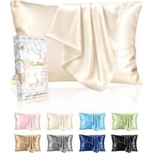 Silk Pillowcase 2 Pack - Pillow Cases Queen Set of 2 Size 20" x 30" for Hair and Skin Smooth Soft Breathable with Hidden Zipper Cooling Pillow Covers for Sleeping Women, Beige