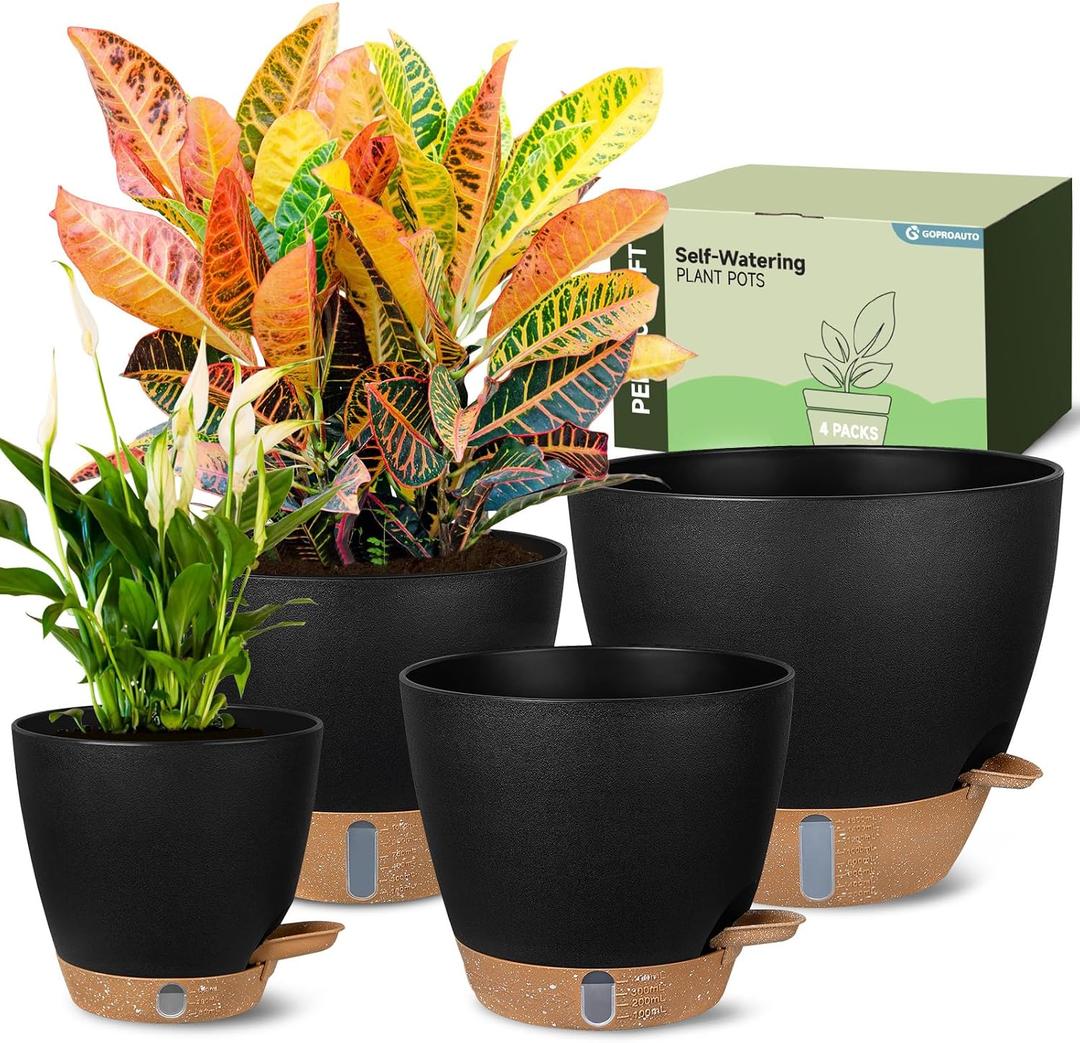 Self-Watering Pots for Indoor Plants 4 Pack, 6/8/10/12 Inch Outdoor Planters with Water Level Indicator & Deep Reservoir, Decorative Flower Pots for Home Decor (Black, 12+10+8+6 Inch)