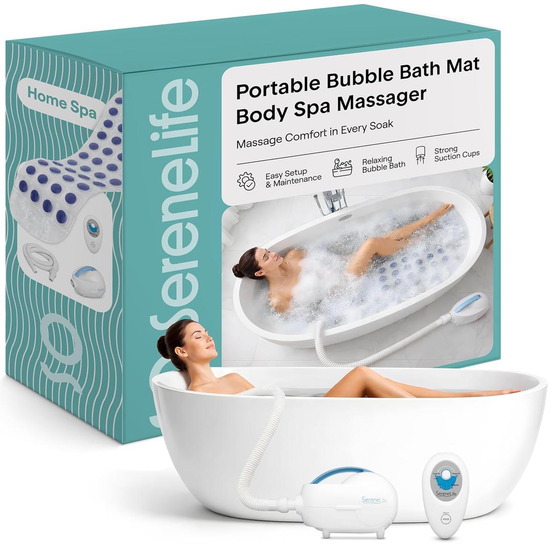Portable Spa Bubble Bath Massager - Thermal Spa Waterproof Non-slip Mat with Suction Cup Bottom, Motorized Air Pump & Adjustable Bubble Settings - Remote Control Included - Serenelife PHSPAMT22