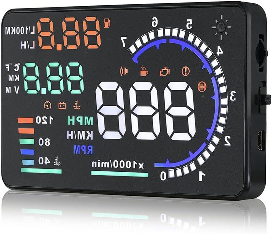 5.5 inches A8 OBD2 Windshield HUD Head Up Display with Display RPM MPH Speeding Warning Fuel Consumption Temperature