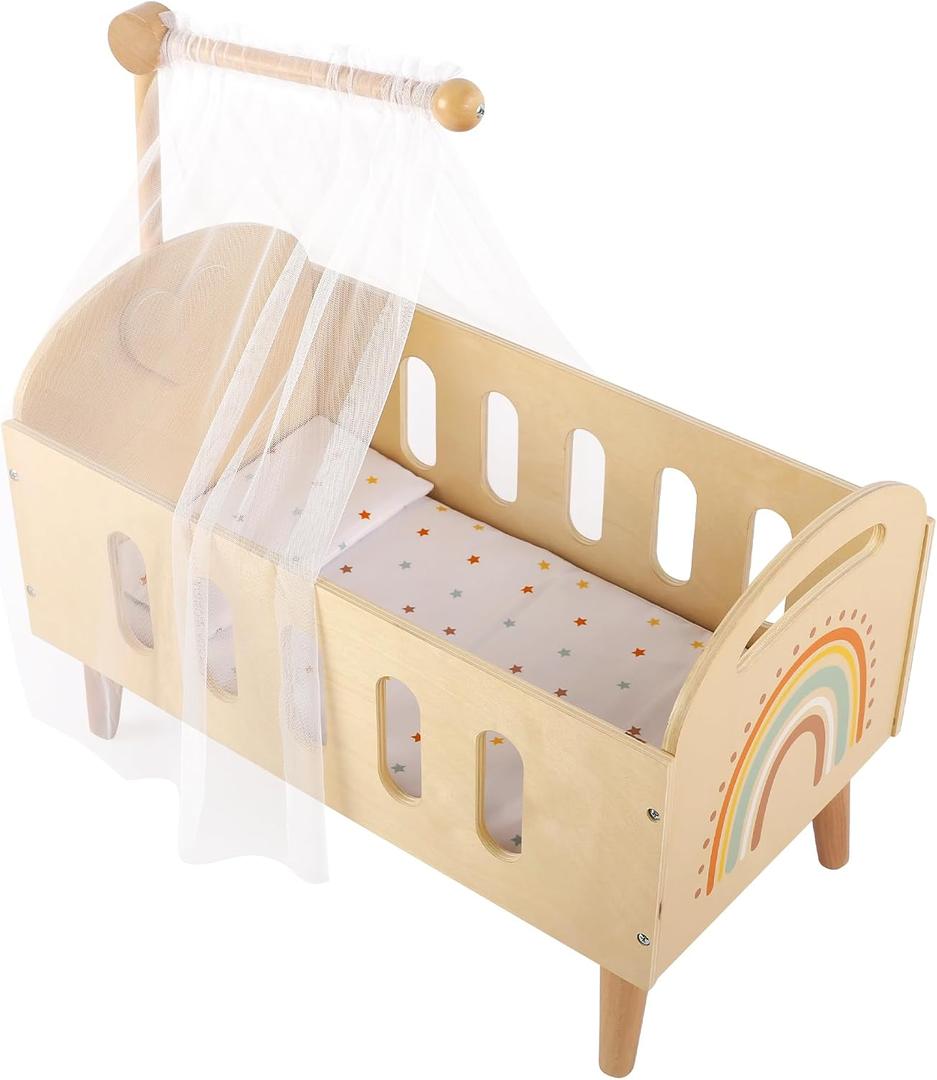 Freniland Wooden Doll Crib Bed for 18 Inch Dolls, Baby Doll Furniture Set with Sheer Canopy and Soft Fabric Mattress, Pretend Play Nursery Accessories for Toddlers, Dolls Bed with Curtain