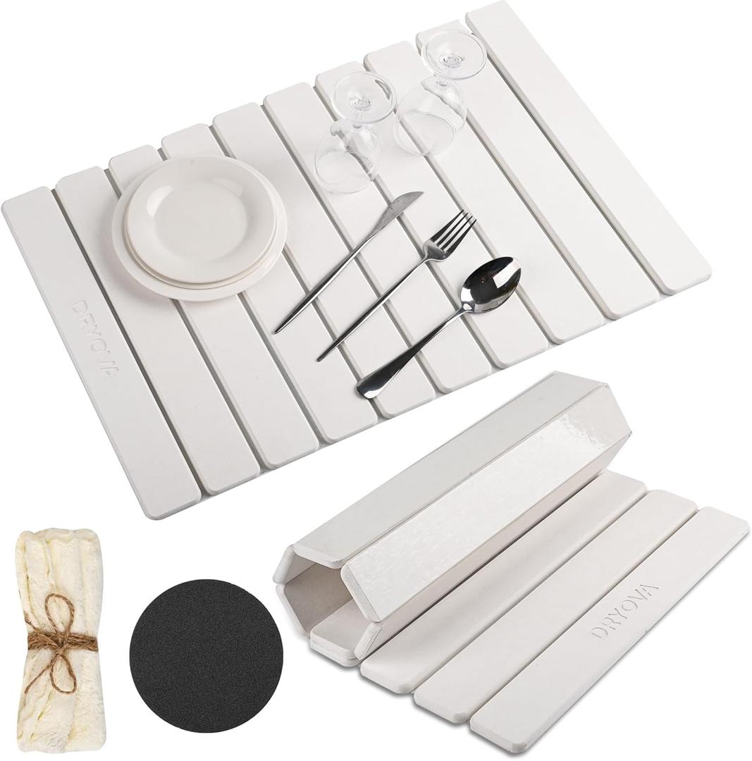 Large Foldable White Stone Dish Drying Mat  Quick Dry Diatomaceous Earth Kitchen Sink Mat, Water Absorbent Non-Slip Roll Up Design for Counter & Bathroom, Includes Bonus Cloth, 23.6 x 15.4