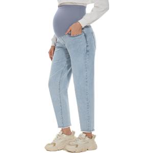 POSHGLAM Women's Maternity Boyfriend Jeans Over Belly Stretch Comfy Loose Casual Denim Pants with Pockets for Everyday Wear (Blue, L)
