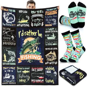 2 Pcs Fishing Throw Blanket and Sock Gift 50" x 60" Fisherman Lovers Valentine's Day Birthday Gag Gift for Women Men Grandpa Husband Dad Boyfriend Camping
