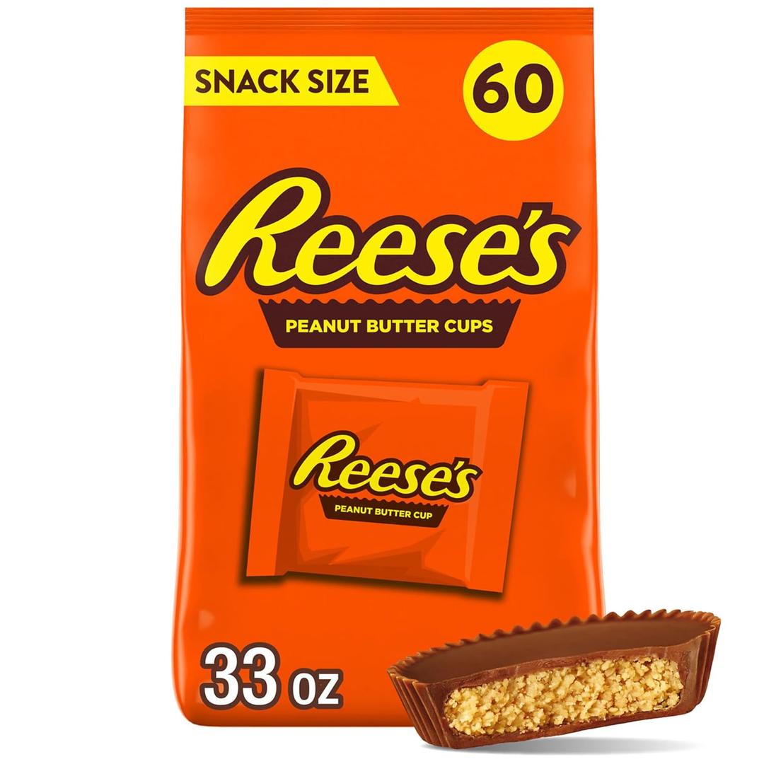 REESE'S Milk Chocolate Snack Size Peanut Butter Cups, Candy Bag, 33 oz (60 Pieces) (EXP 03/01/26)
