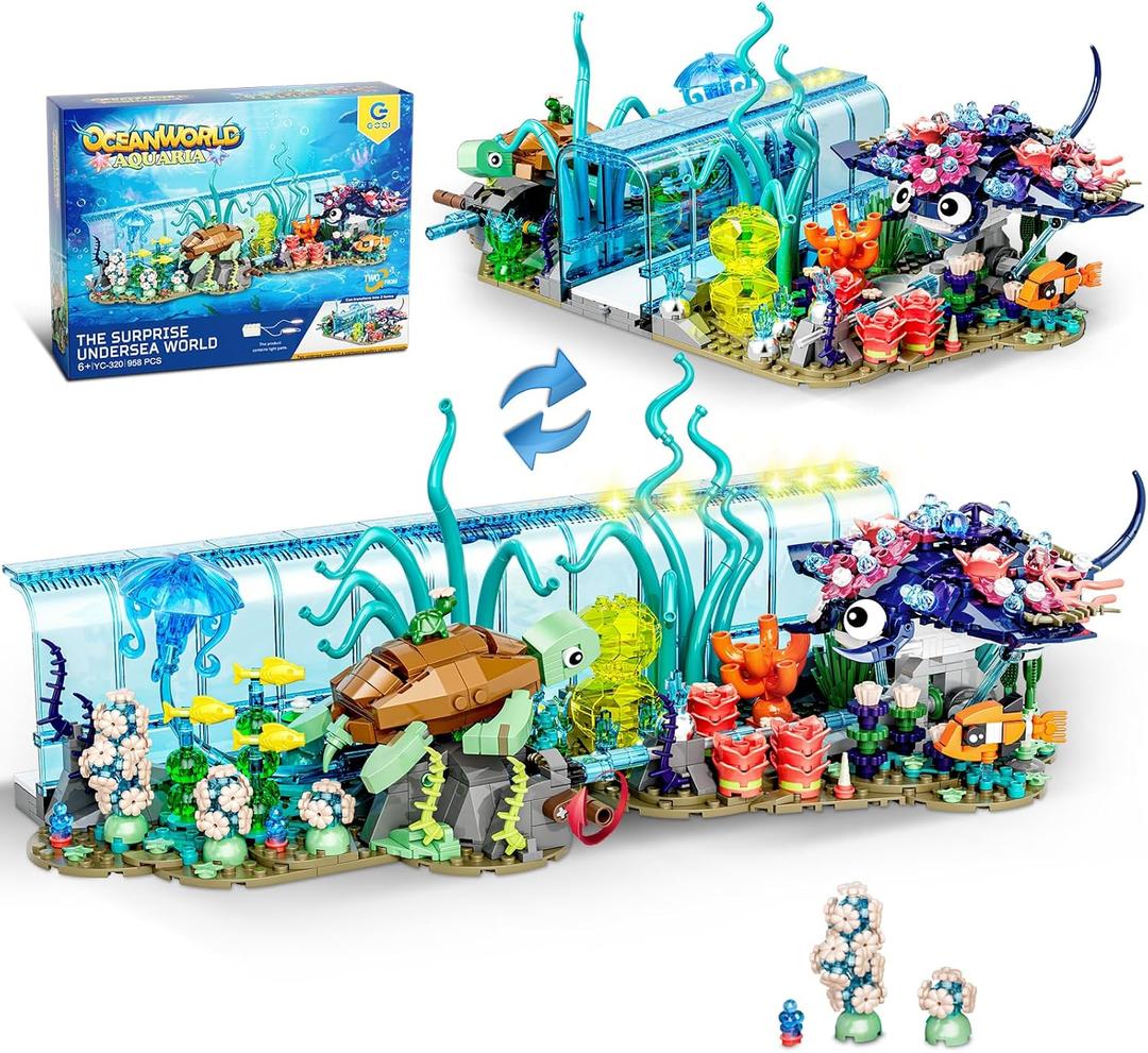 Aquarium Building Blocks Set, Compatible with Lego Fish Tank Creative Foldable 2 Styles Ocean Fish Animals Building Blocks Toys Gift for Adults Boys Girls 8-12+, Including Marine Turtle, Jellyfish