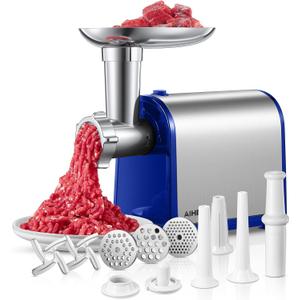 Electric Meat Grinder, Sausage Stuffer with 3 Sausage Tubes, 2 Blades, 3 Plates, 3200W Max, Meat Grinder Heavy Duty for Home Kitchen Use, Stainless Steel (Blue)