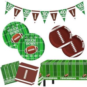 Football Party Decorations, Football Party Supplies Set with Plates, Napkins, Banner and Tablecloth, Football Birthday Party Favors Decor Kit Serve 25