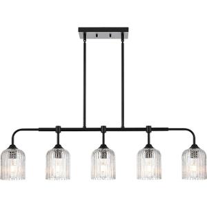 MELUCEE Kitchen Island Lighting Pendant Lights with Crackled Glass Shade, 5-Light Black Dining Room Lights Over Table Pool Table Light Hanging Linear Chandelier for Dining Room Kitchen Island