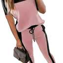 HBQ Women's Color Block 2 Piece Outfits Summer Travel Tracksuit Short Sleeve Tops High Waisted Jogger Pants Lounge Sets-Pink-(S)