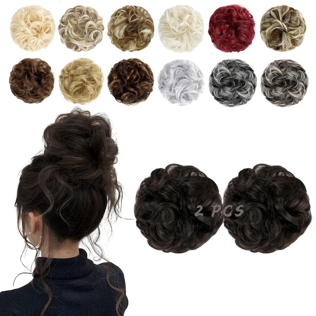 2 PCS Messy Bun Hair Piece Wavy Curly Hair Bun Scrunchies Extensions Synthetic Chignon Thick Updo Hairpieces for Women Girls(Dark Brown)