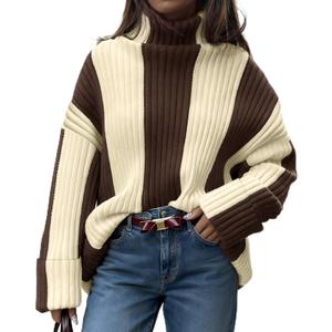 Saodimallsu Womens Turtleneck Sweater Color Block Striped Oversized Sweaters Winter Casual Trendy Pullover Tops Coffee
