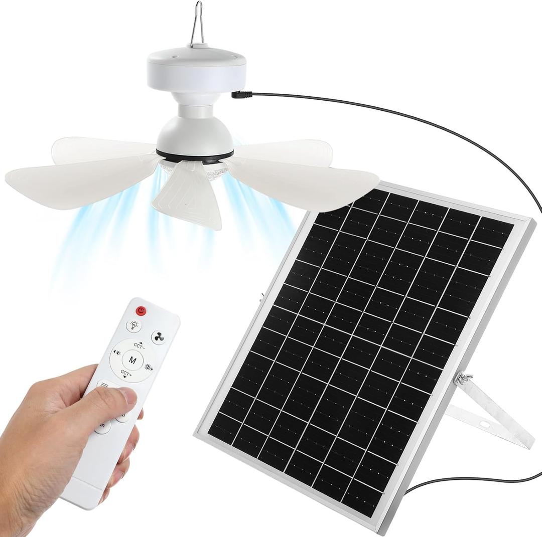 1 Set Solar Ceiling Fan Kit 25w Solar Powered Rechargeable Ceiling Fan with 3 Color Light and Remote Control, Built in 5000mah Battery, for Outdoor Chicken Coop Camping Tent