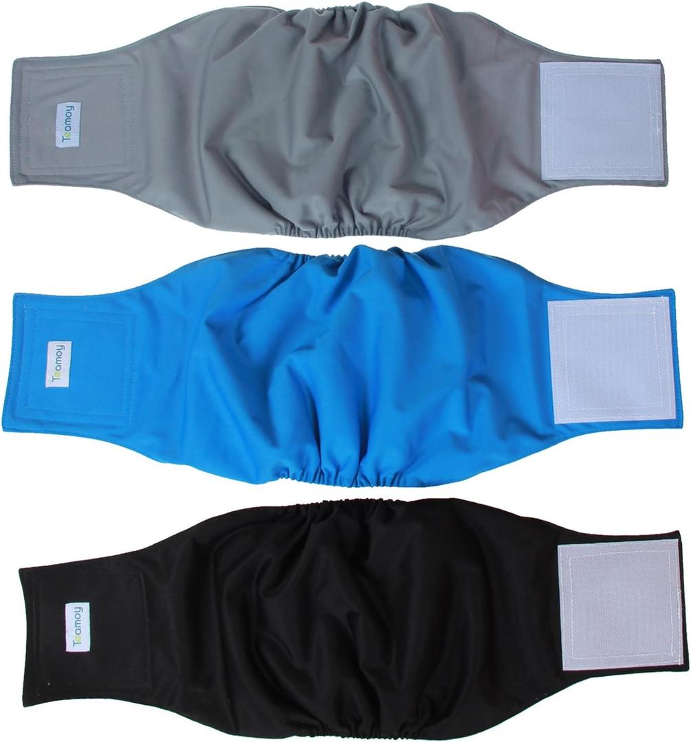 Teamoy Reusable Wrap Diapers for Male Dogs, Washable Puppy Belly Band Pack of 3 (L1, 16"-20" Waist, Black+ Gray+ Lake Blue)