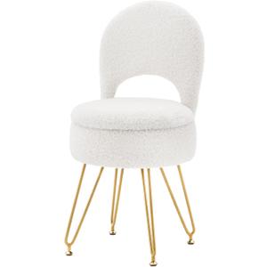 Storage Ottoman Vanity Stool Chair with Folding Back Teddy Velvet Makeup Chair Multifunctional Upholstered Footstool,4 Metal Legs with Anti-Slip Feet for Bedroom Living Room Entryway (White)