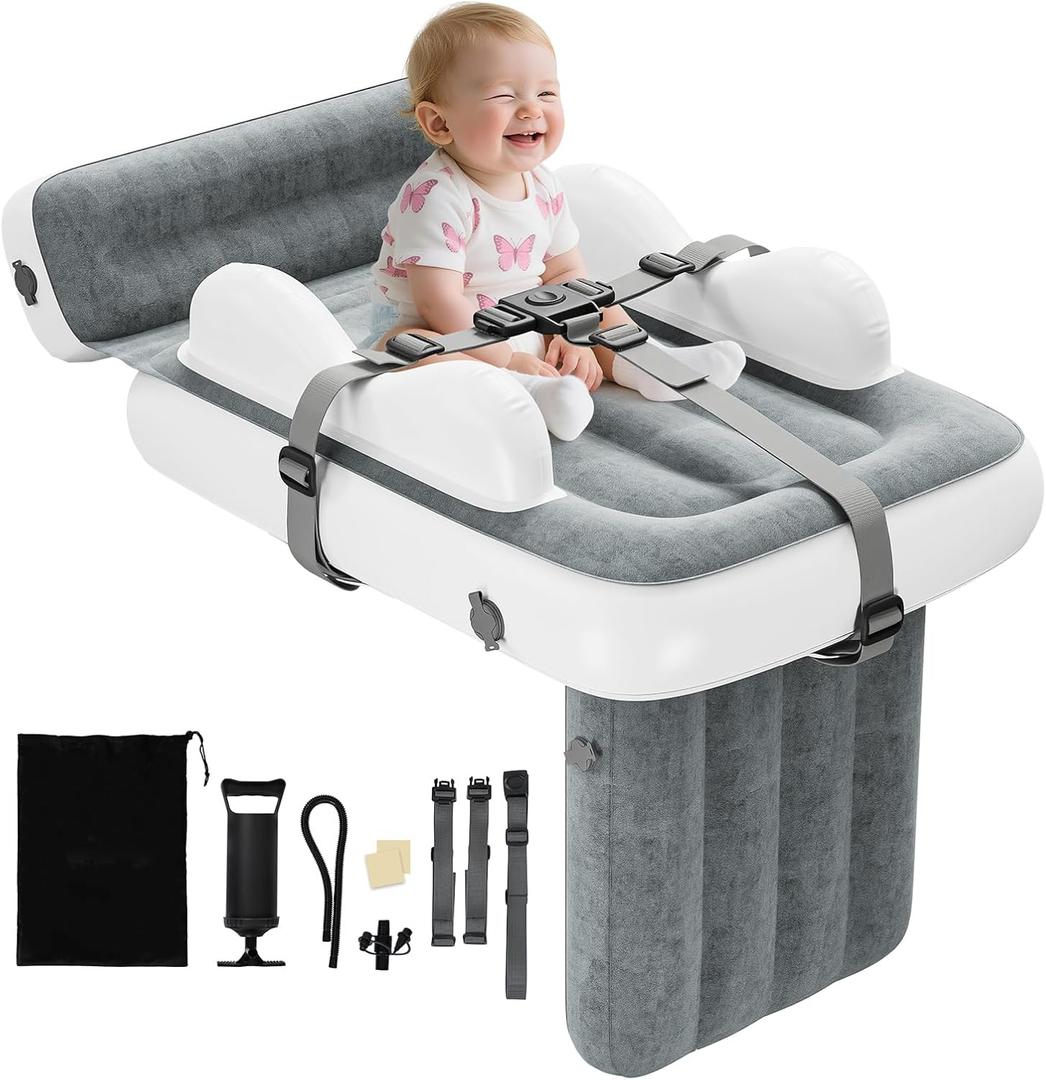 Inflatable Toddler Airplane Bed with Storage Bag - Lightweight Airplane Seat Extender for Kids - Inflatable Toddlers Air Mattress & Portable Kids Travel Bed with Hand Pump & Safety Belt