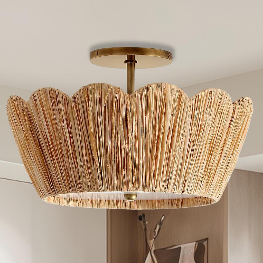 Farmhouse Boho Ceiling Light with Natural Raffia Shade, 3-Light Woven Semi Flush Mount, Scalloped Flower-Shaped Flush Mount Light for Bedroom, Nursery, Entry Way, Kitchen Island,15.8 inch