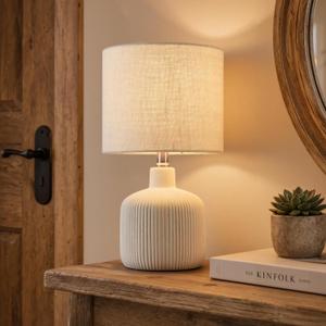 Ceramic Table Lamp, 17.75" Rustic Farmhouse Bedside Lamp with Beige Linen Shade, Warm Ambient Nightstand Lighting for Bedroom or Living Room, Off-White