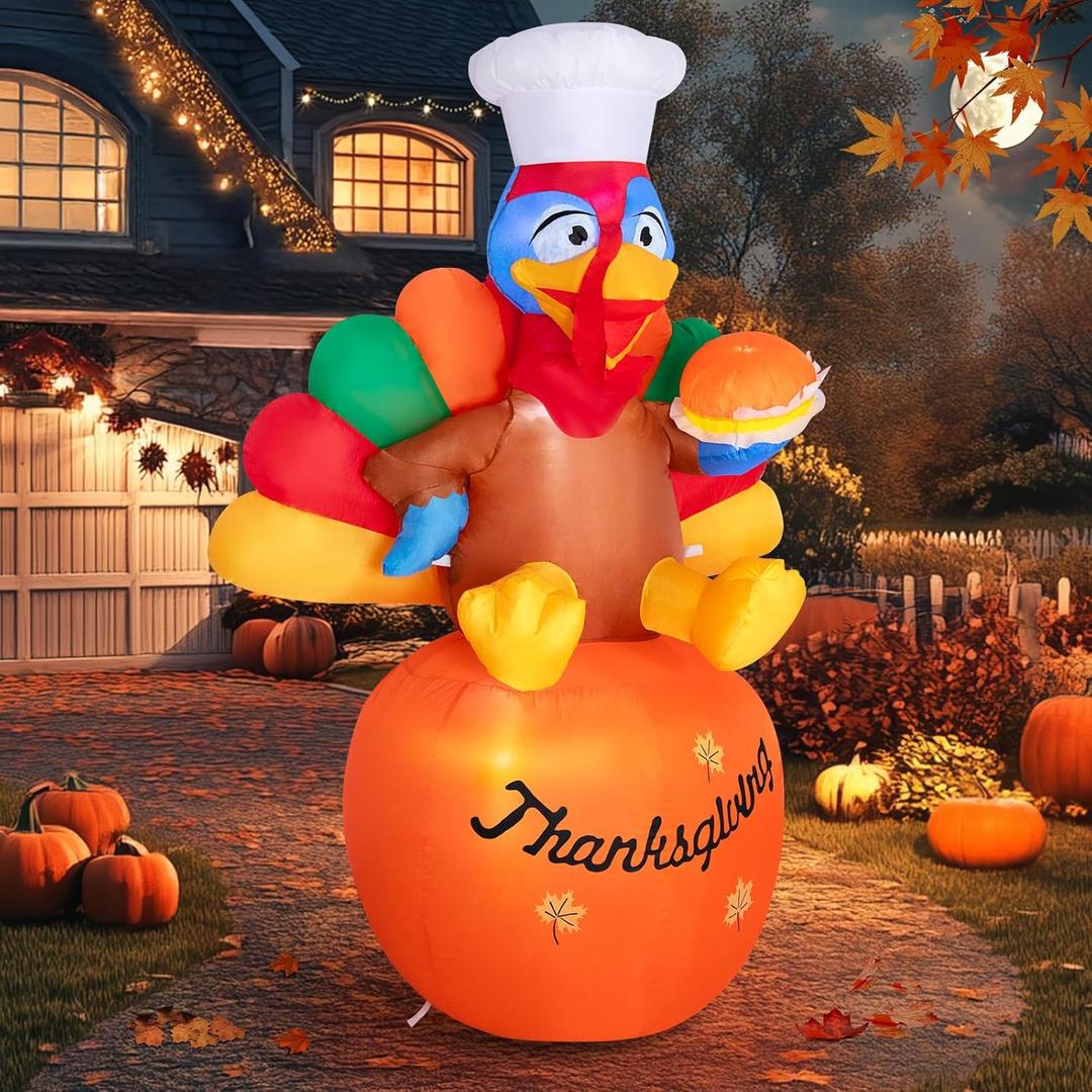 6 FT Thanksgiving Inflatable Turkey with LED Lights, Funny Chef Turkey Holding Burger Sitting on Pumpkin, Blow Up Yard Decoration for Outdoor, Fall Harvest & Holiday Party Decor