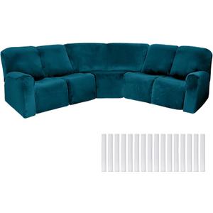 Peryiter 7 Pcs L Shape Sectional Recliner Sofa Covers 5 Seat Sectional Couch Covers Milk Silk Velvet Stretch Reclining Sofa Slipcover Furniture Protector for Living Room(Deep Teal,Velvet)