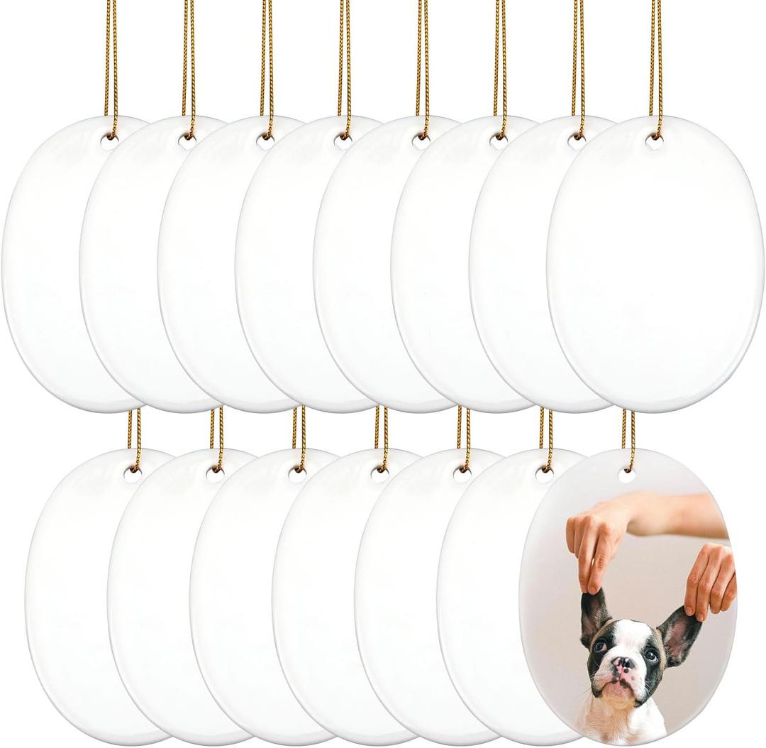15pcs Sublimation Ceramic Ornaments Blank, 3.15x2.24 Inch White Oval Ceramic Ornament Bulk with Rope for Heat Press Printing Crafting DIY Personalized Christmas Home Decoration